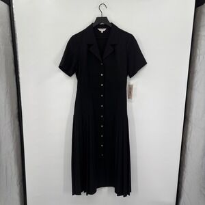 Nanette Lepore Midi Shirt Dress 10 Black Gold Button Front Pleated Preppy Luxury